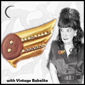 Big Art Deco Brooch with AB Rhinestones, 40s Style Pin With Bakelite